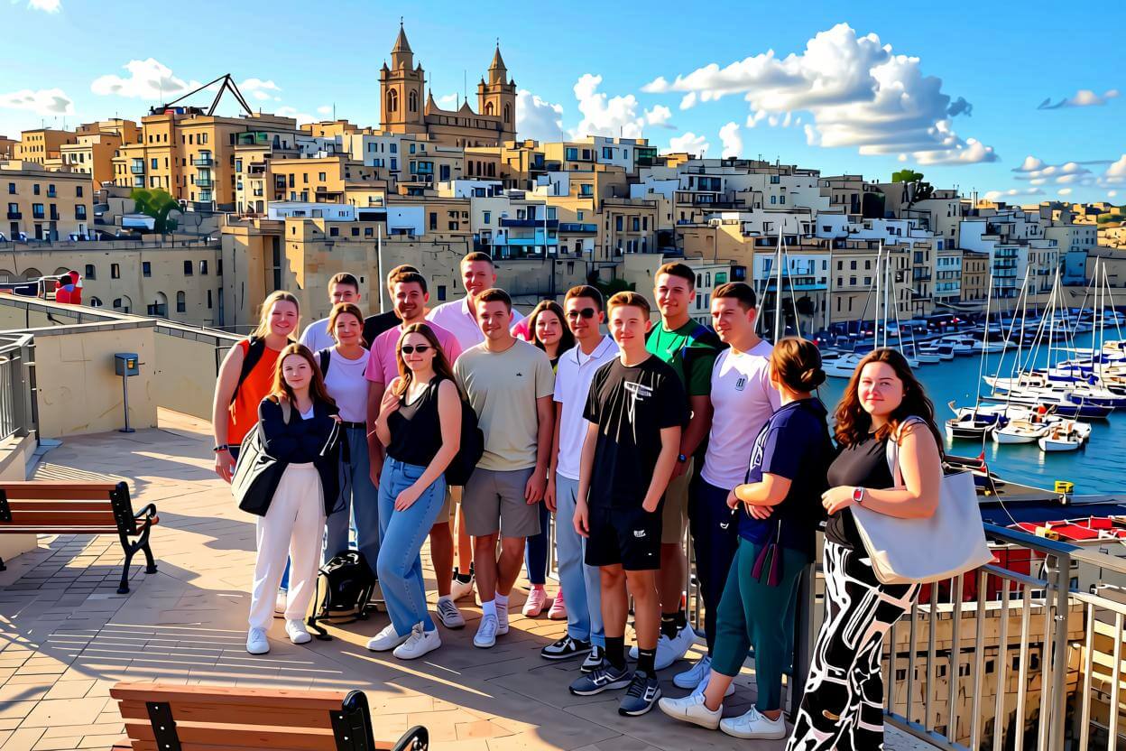 Student group at Valletta harbor with historic buildings and boats