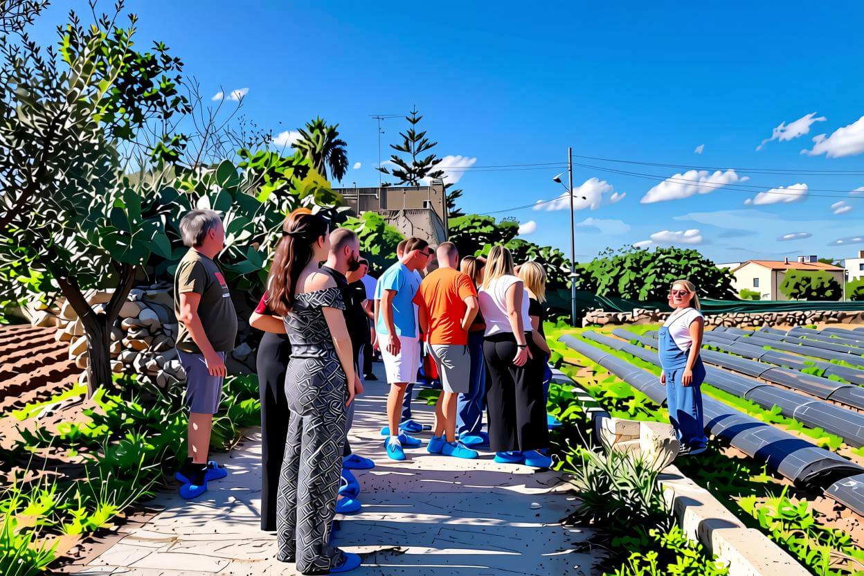 Group standing on outdoor farm path with agricultural fields