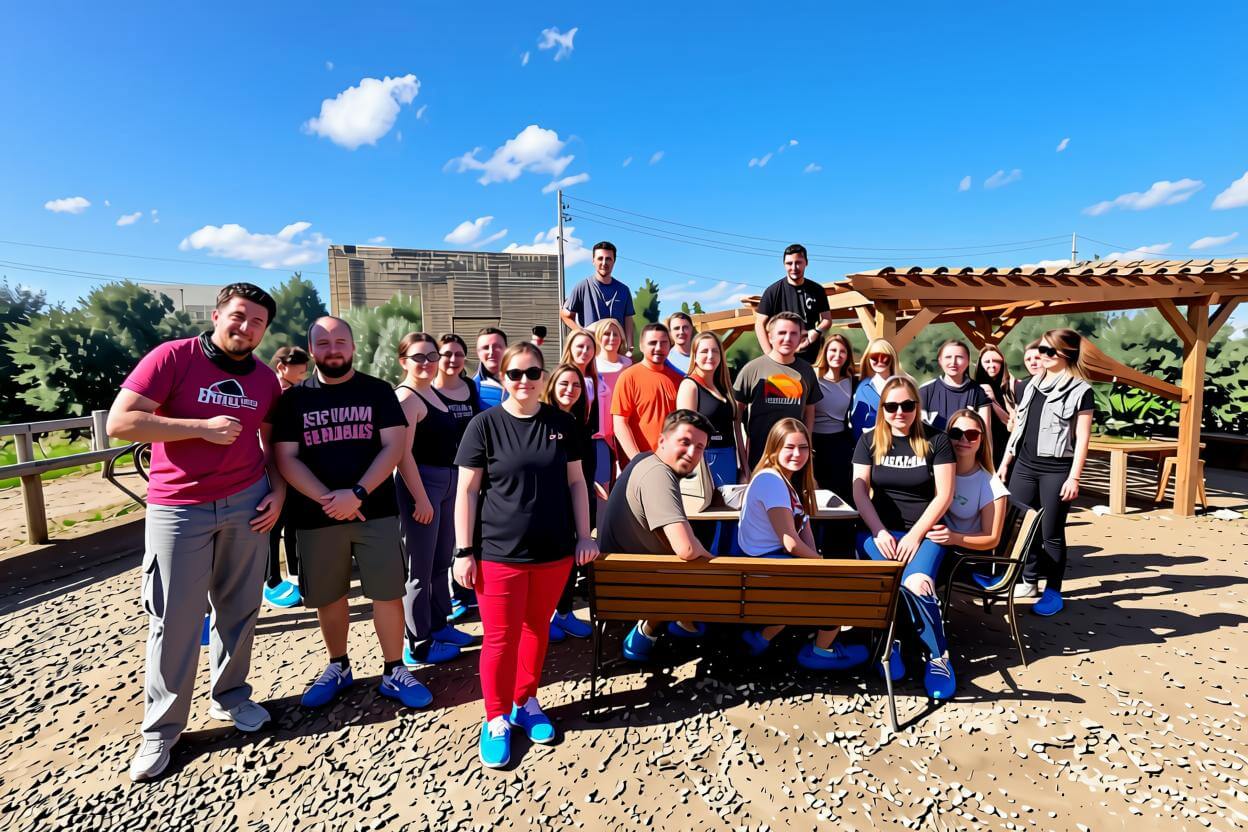 Large student group outdoors by rustic wooden pergola structure