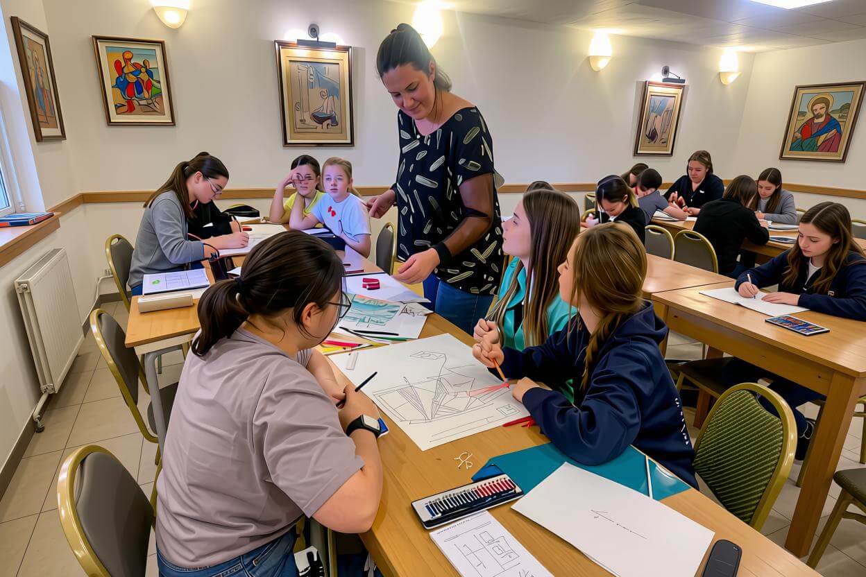 Art class session with teacher and students drawing at tables
